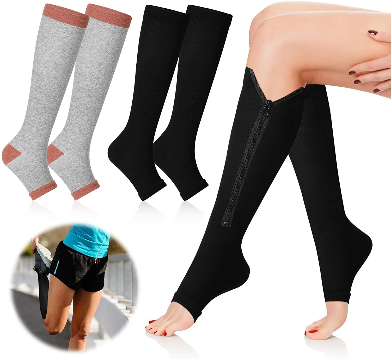 Compression Socks Knee-Hi Zipper Stockings Open Toe Support Hose 20-30mmHg Edema