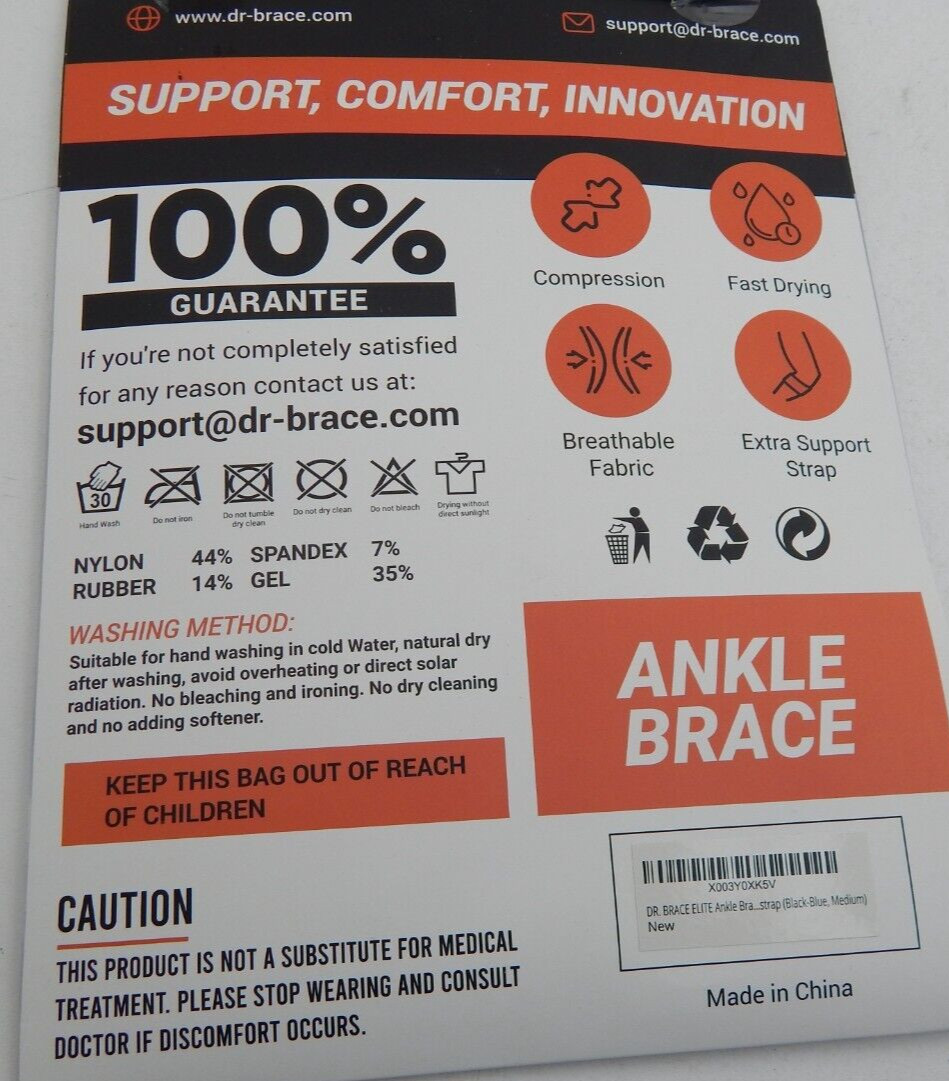 DR. BRACE Elite Ankle Brace Double Gel Pads Adjustable Support Strap M Sports