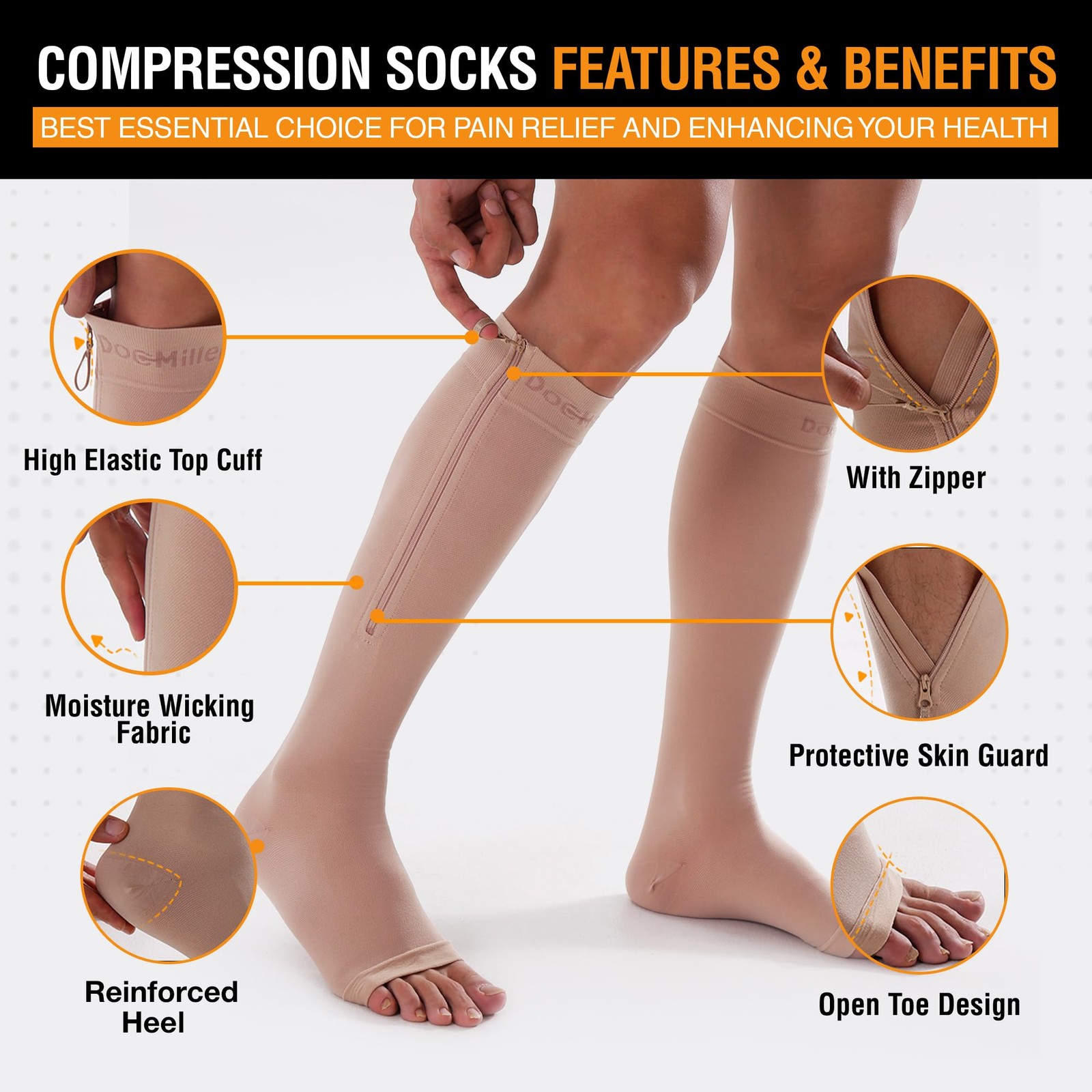 Doc Miller Compression Socks with Zipper 15-20 mmHg for Women & Large, Beige