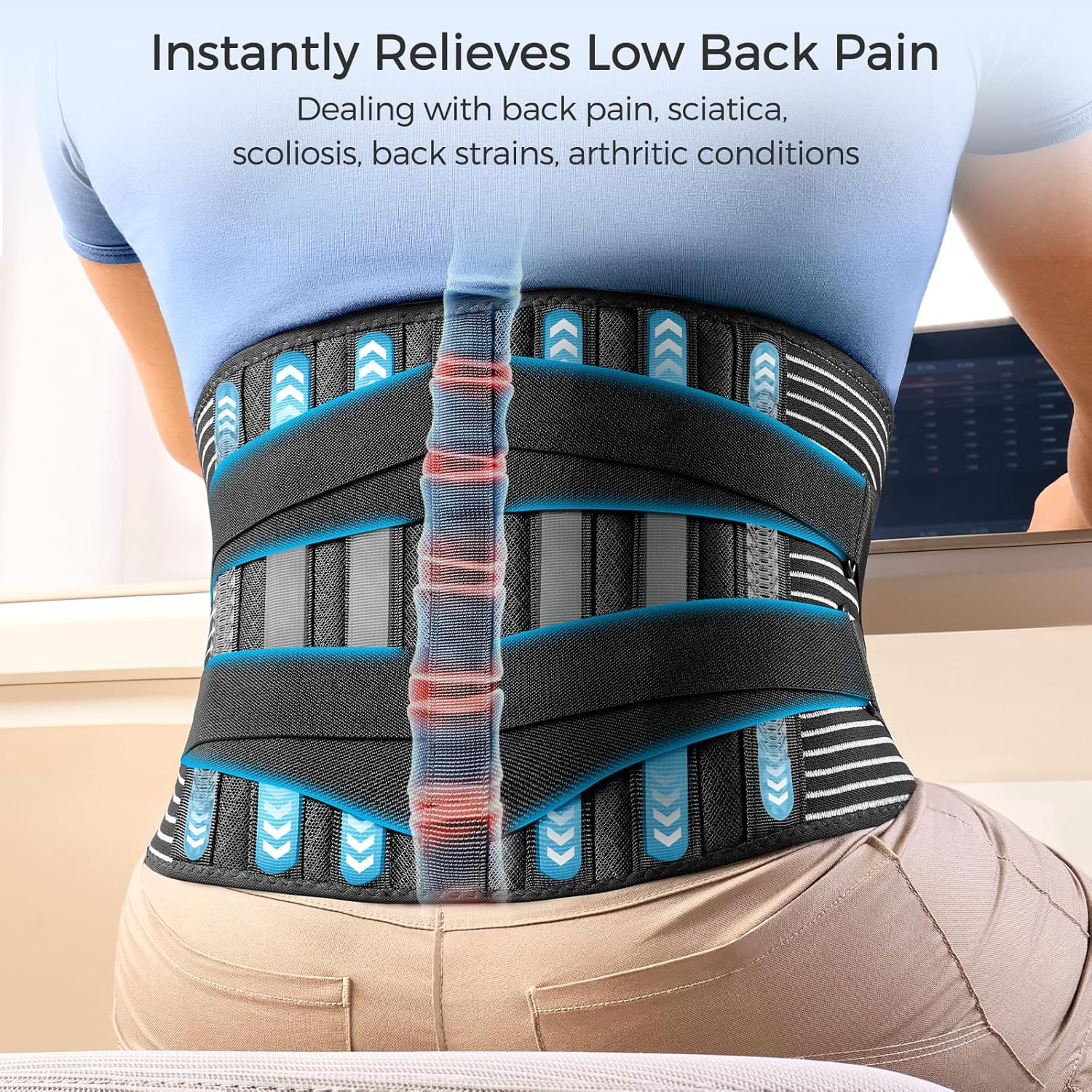 Adjustable Back Support Belt with 6 Stays Breathable Lumbar Waist Brace Size L