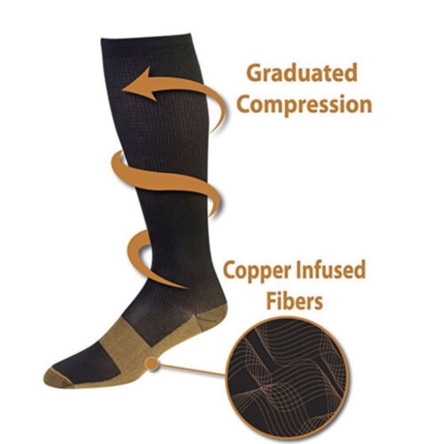 2 Pairs Copper Compression Socks 20-30mmHg Graduated Support Mens Womens S/M-XXL