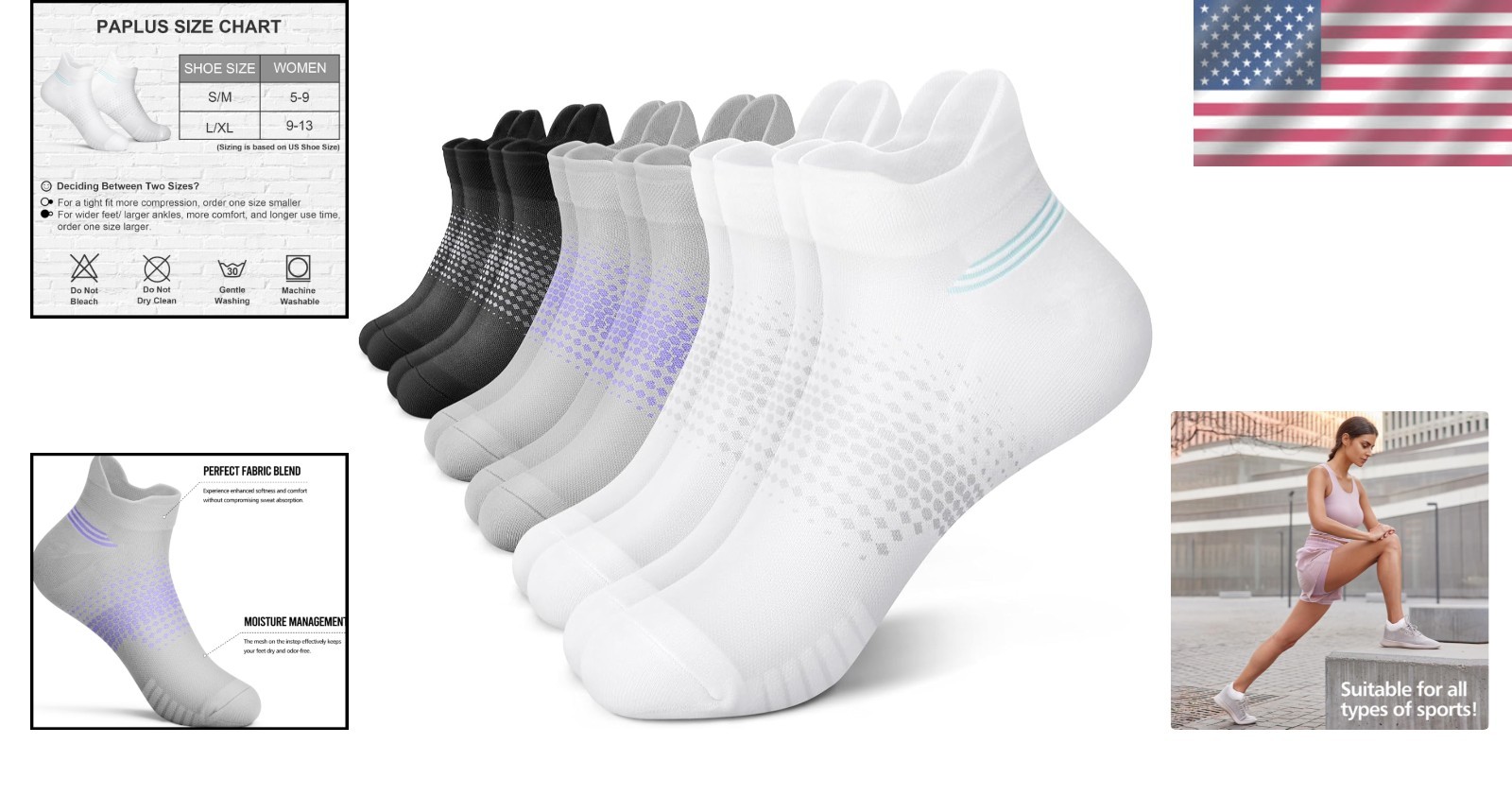 Cushioned Ankle Compression Socks for Women – 6 Pairs in Black, White, Grey