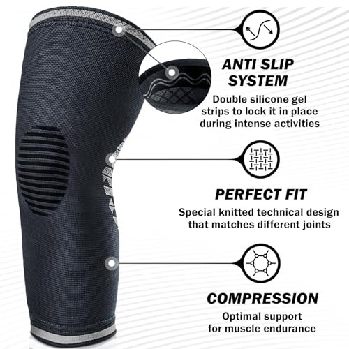 Knee Compression Support Sleeve – Best Knee Brace for Men & Medium Grey-2 Pack