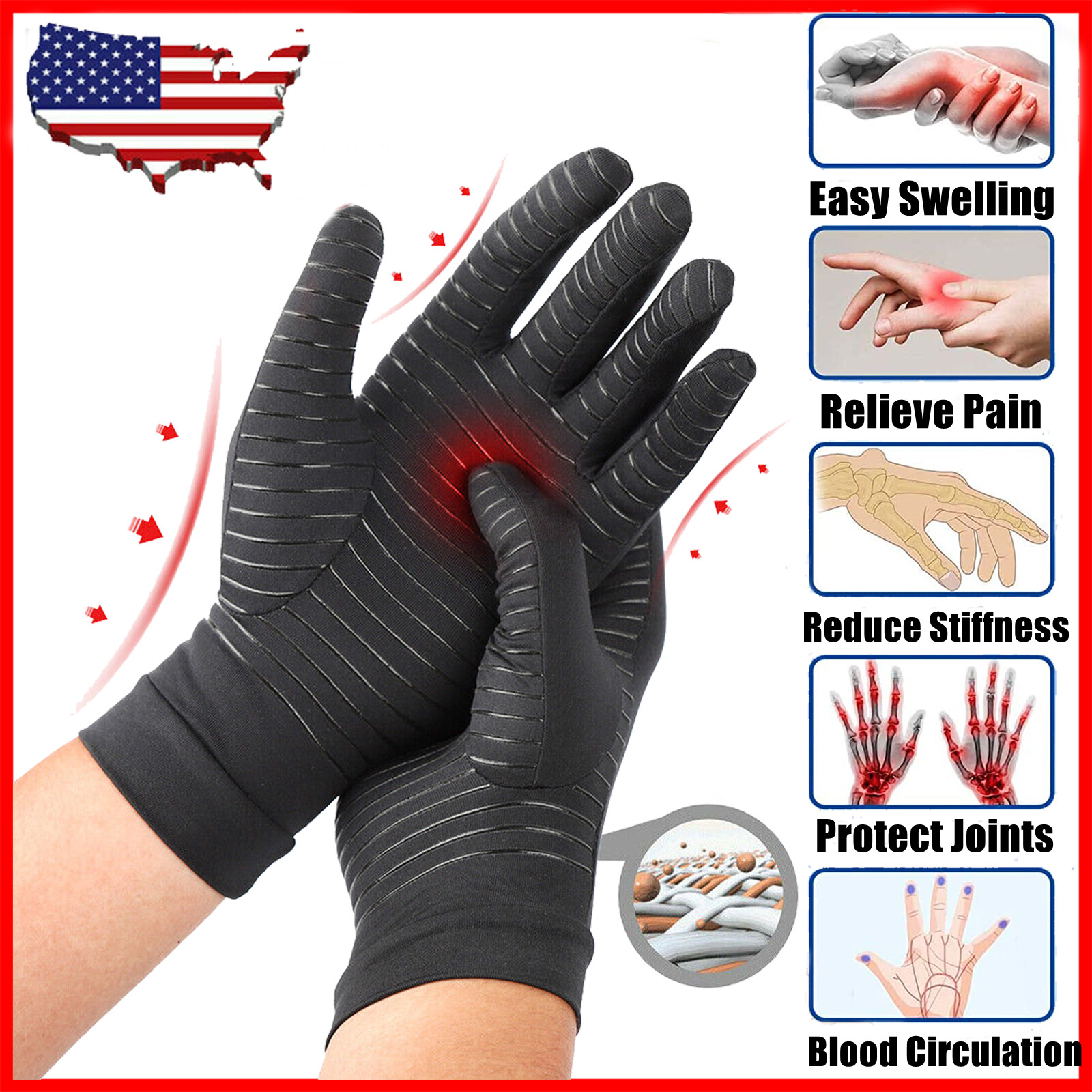 Copper Arthritis Compression Gloves Hand Support Joint Pain Relief Full Finger