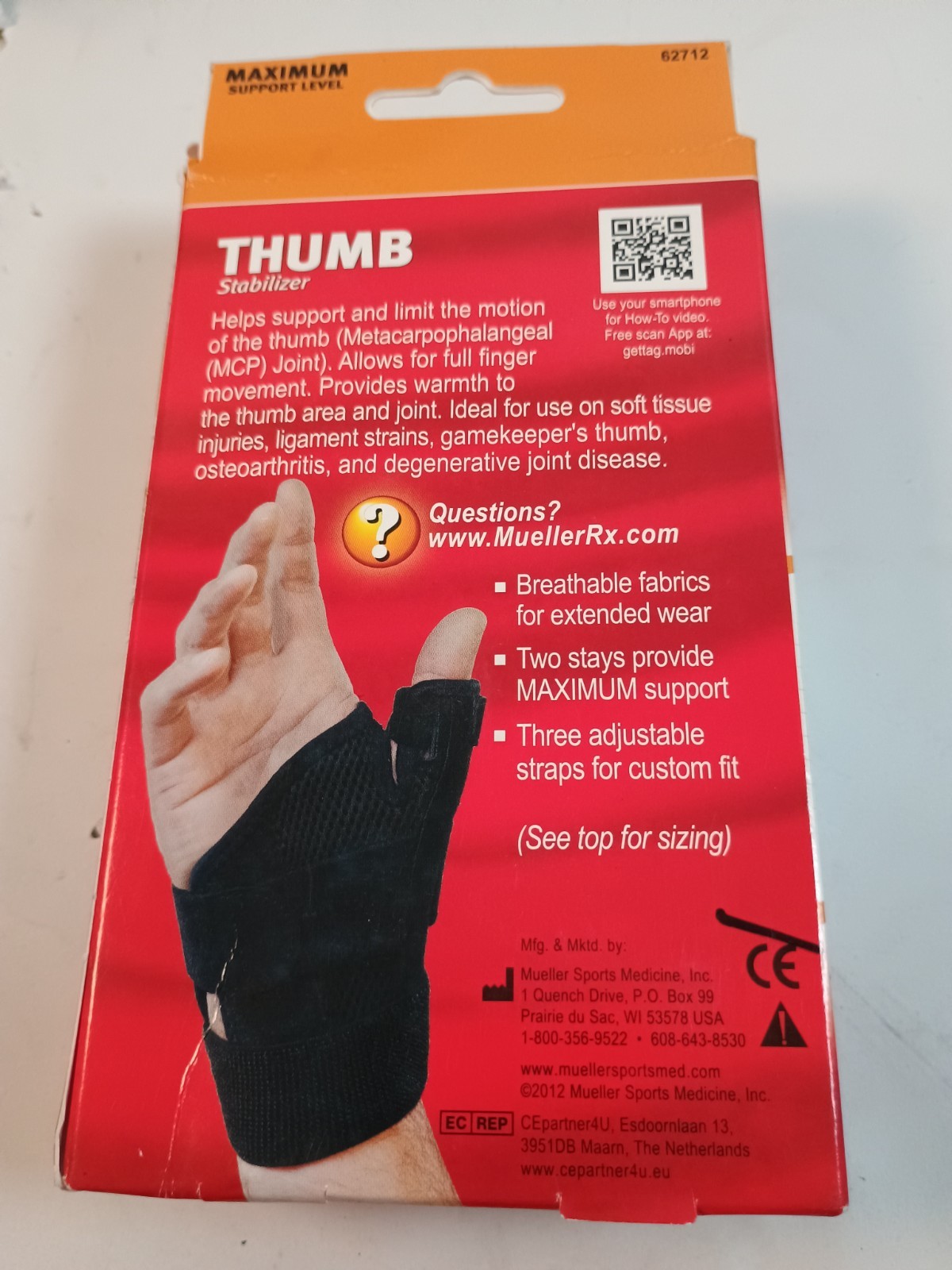 New, Boxed*Mueller Sports Medicine Reversible Thumb Stabilizer One Size*FREE S/H