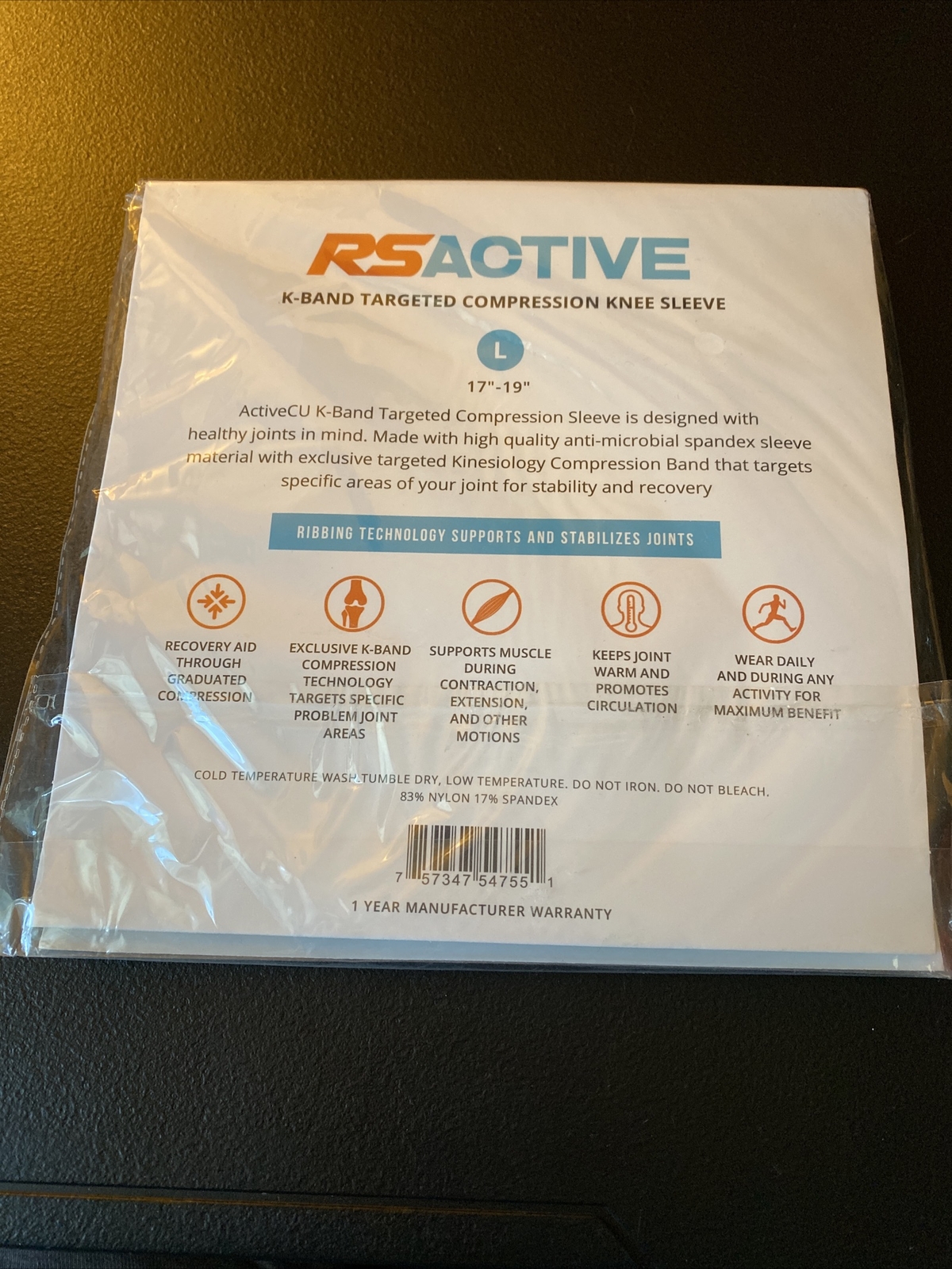 RSActive K-Band Targeted Compression Knee Sleeve Size L Brand New M