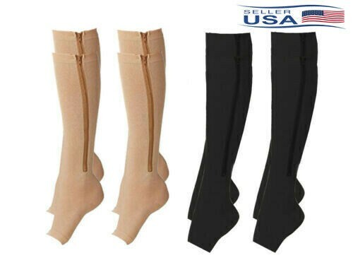 Zip Up Compression Socks with Zipper Supports Leg Knee Stockings Open Toe US
