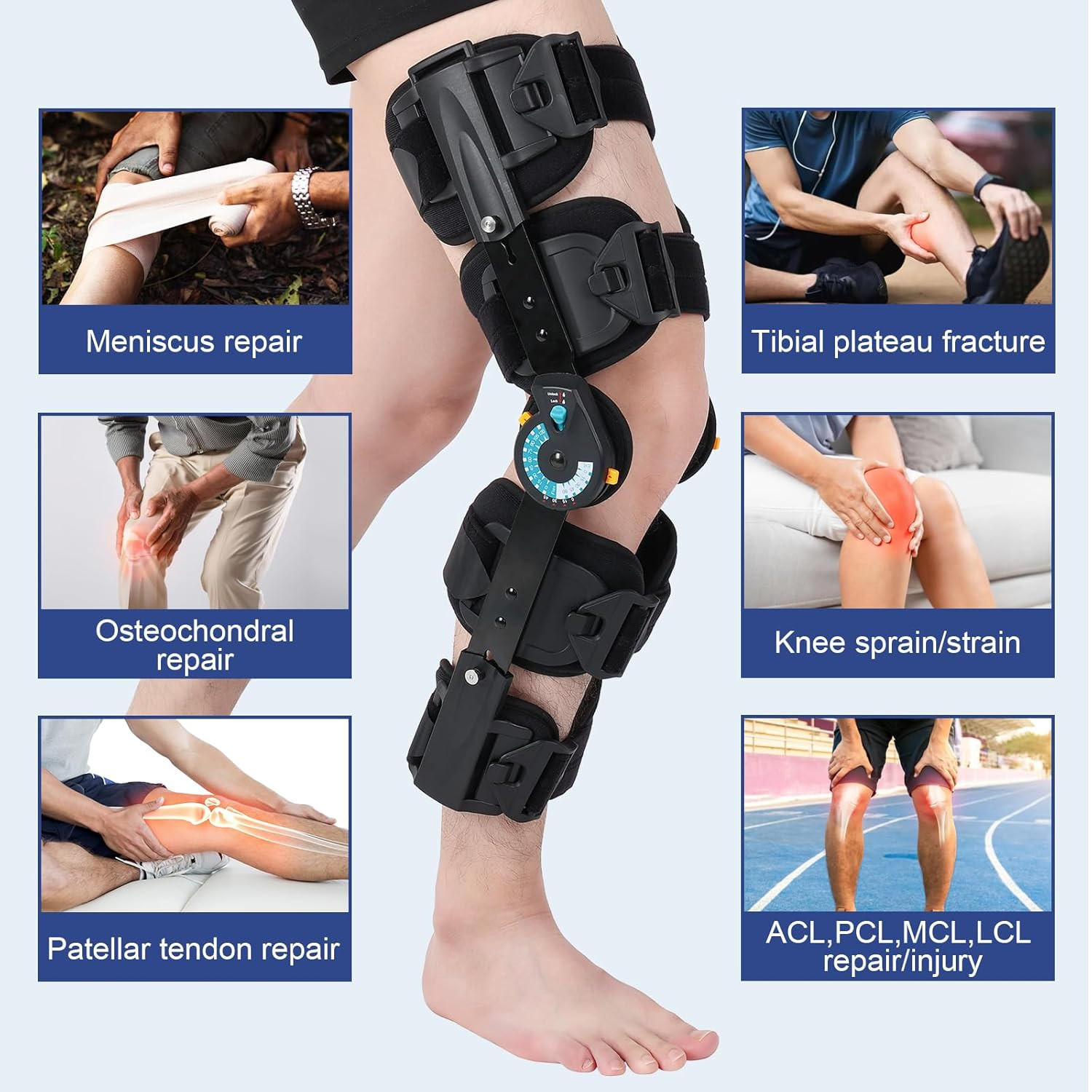 Hinged ROM Knee Brace with Adjustable Locking Dial 0°-120° | Post Surgery Knee I
