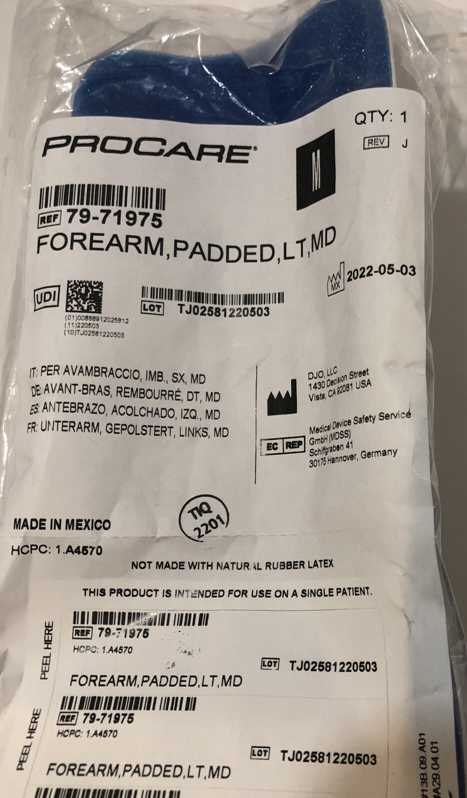 Procare Hand/Wrist/Forearm/Elbow Splint Left Hand Medium New