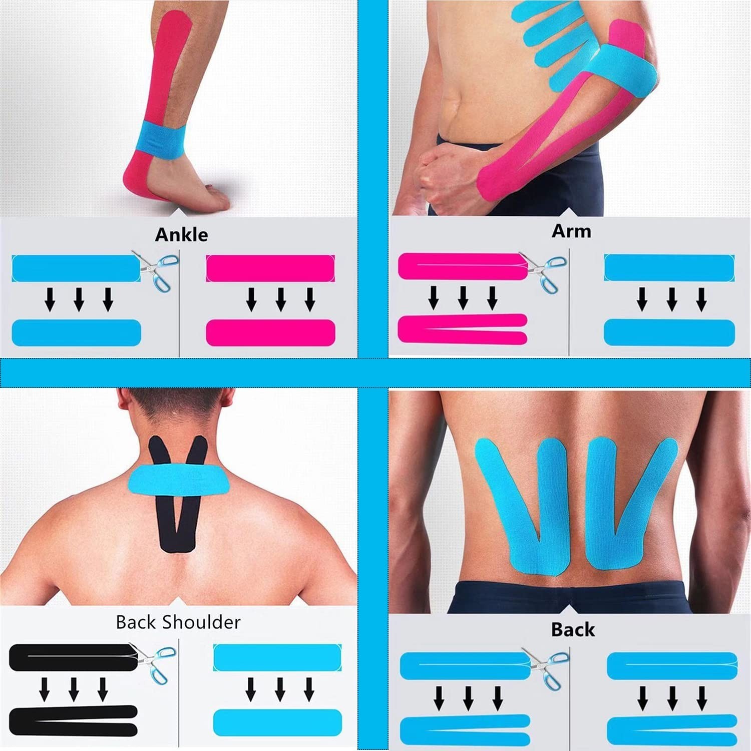 Precut Kinesiology Tape Strips – 3 Rolls (60 Strips) Waterproof, Breathable, Lat