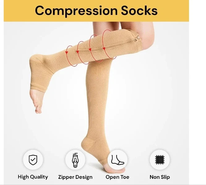 Zipper Open Toe Compression Socks 20-30mmHg Calf Leg Ankle Support Stocking sz S