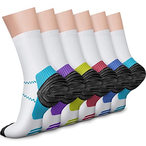 6 Pairs Crew Compression Socks for Women Small-Medium 01 White/Blue/Pink/Blue