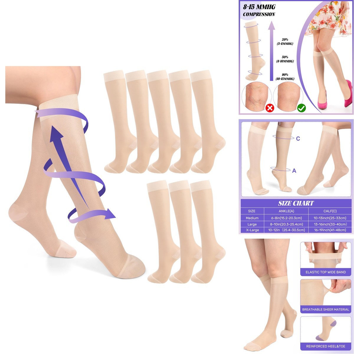 Tisancy 4 Pairs M Knee High Compression Socks 8-15mmhg