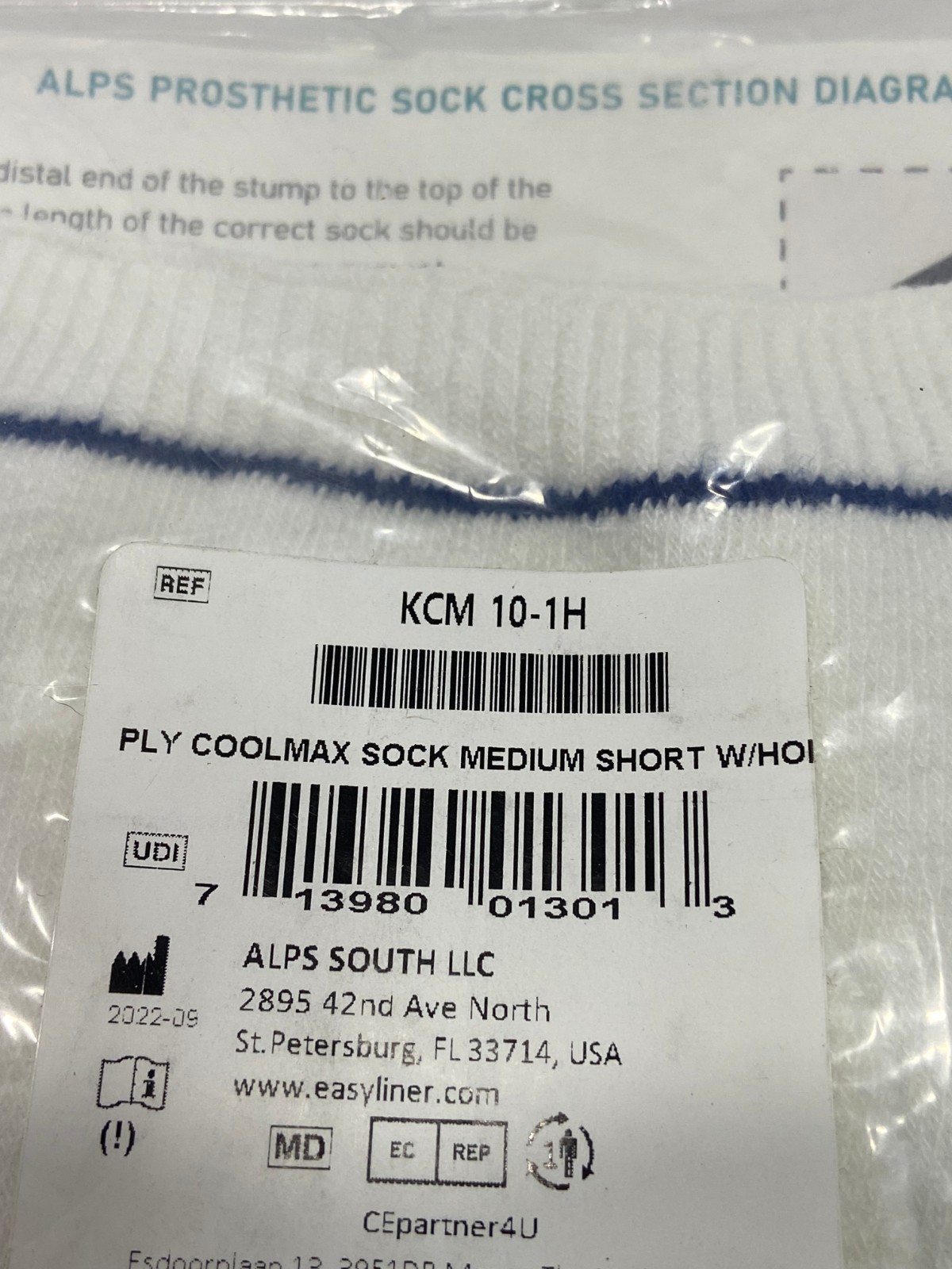 🍉 ONE NEW ALPS Prosthetic Coolmax Sock Medium With Hole KCM 10-1H