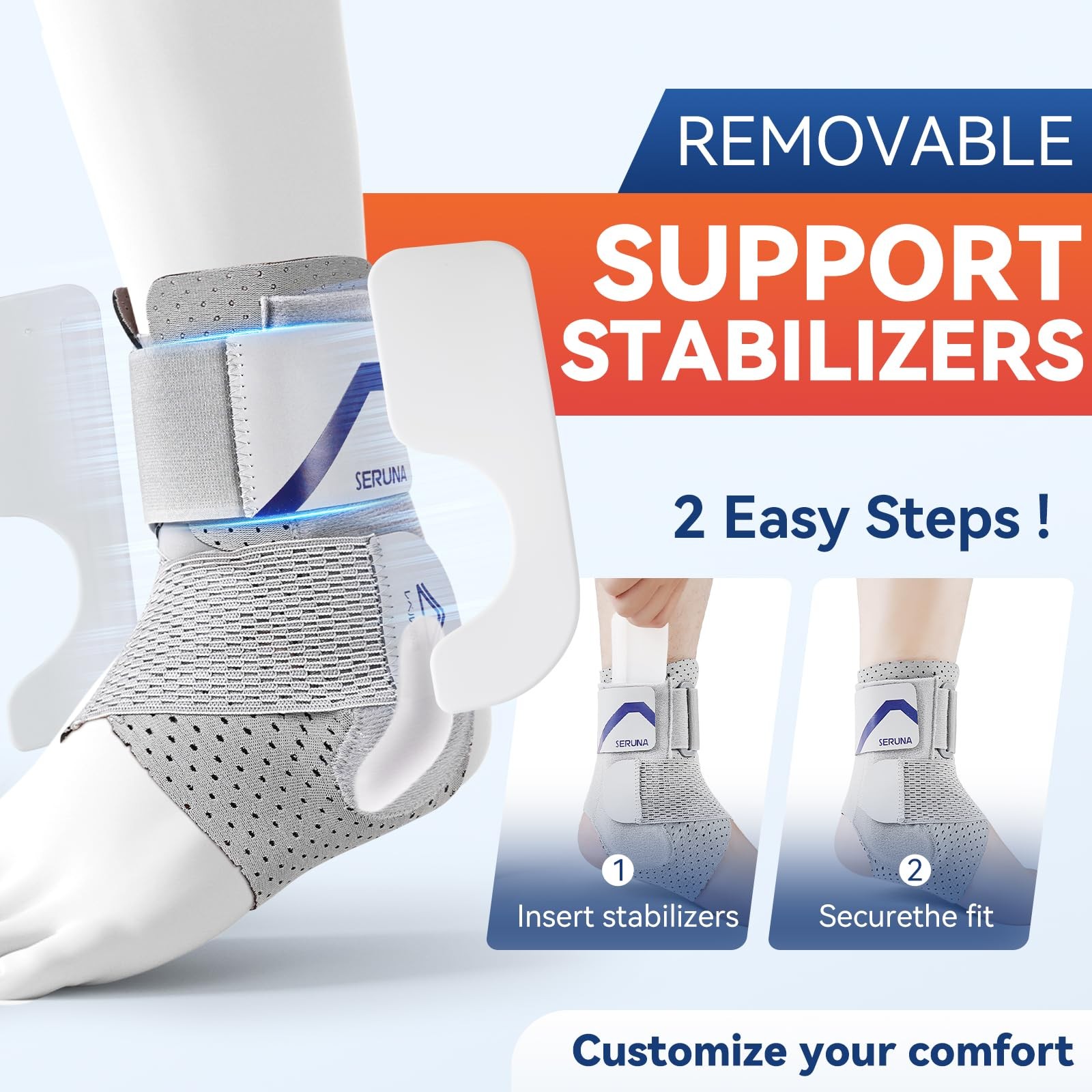 Ankle Brace 2 Stabilizing Pads Adjustable Support Sprain Injury 1 PCS