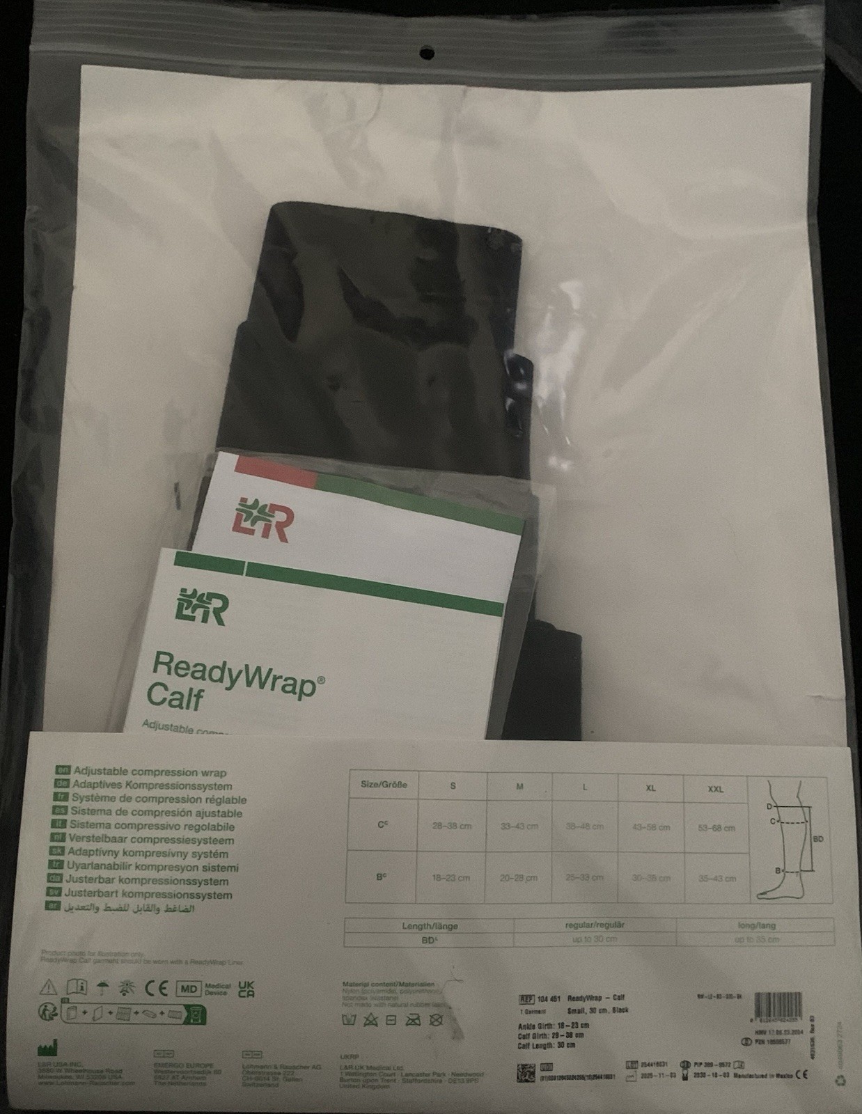 L+R USA Ready Wrap Compression Calf Wrap, ReadyWrap Small Black Tall 30cm NEW