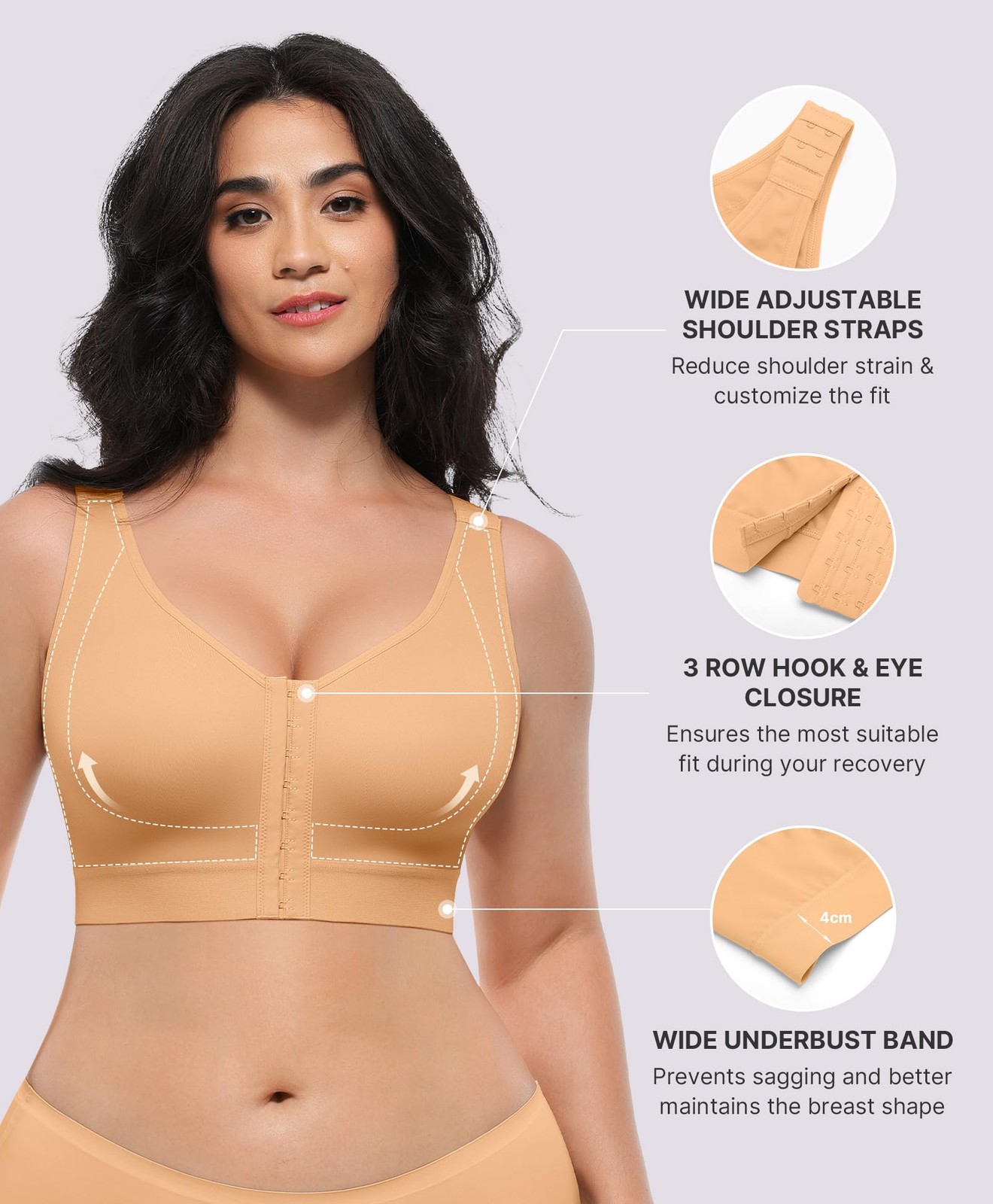 SHAPELLX Women Post Surgery Bra Front Closure Wireless Everyday Bra Post Op S…
