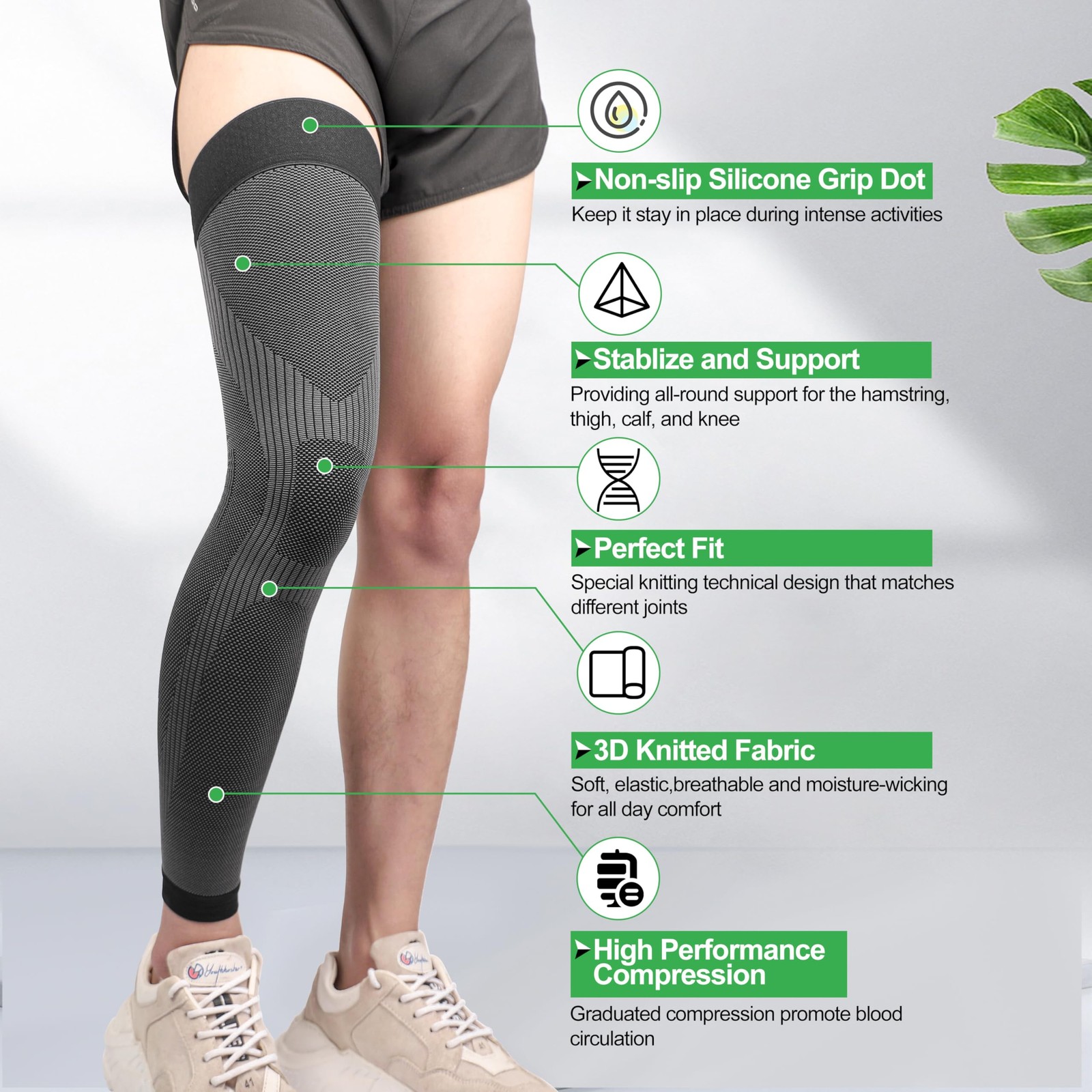 KEKING® Full Leg Compression Sleeves, Unisex, Thigh High Large, Black