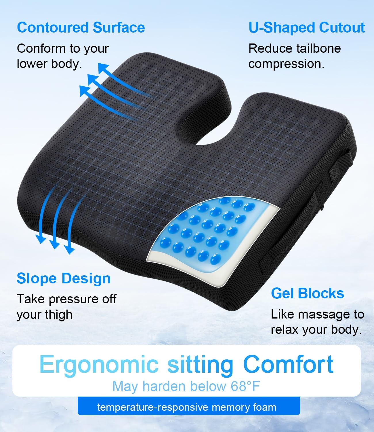 Wheelchair Seat Cushions Cooling, Ergonomic Cushion, Waterproof Black