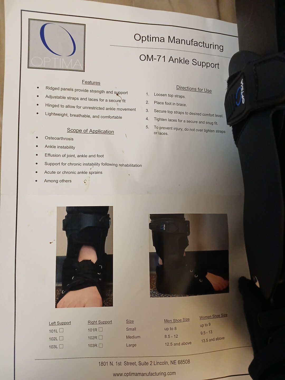 Optima OM-71 Ankle Support Brace SMALL Adult, LEFT Foot (1pc.) Unisex Universal