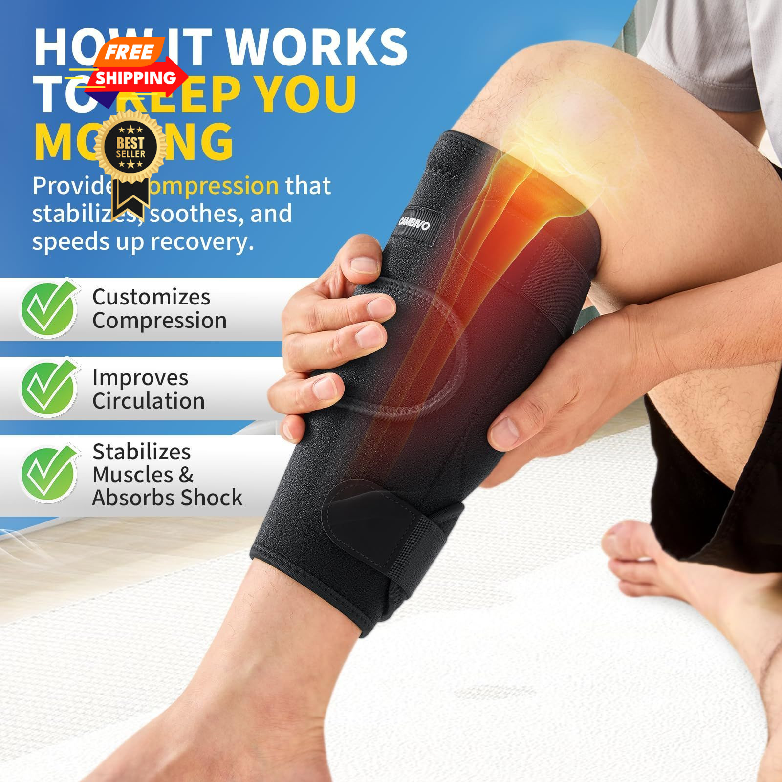 CAMBIVO Calf Brace – Adjustable Compression Sleeve, 2 Pack Medium, Black