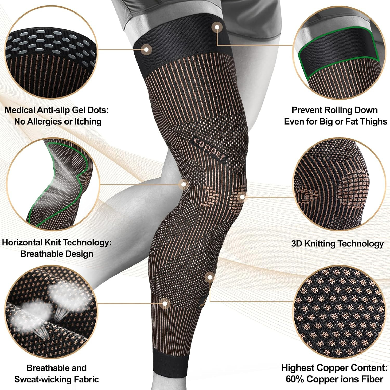 Copper Compression Leg Sleeve, Ultra-Thin Full Leg Sleeve with Copper Ions Infus