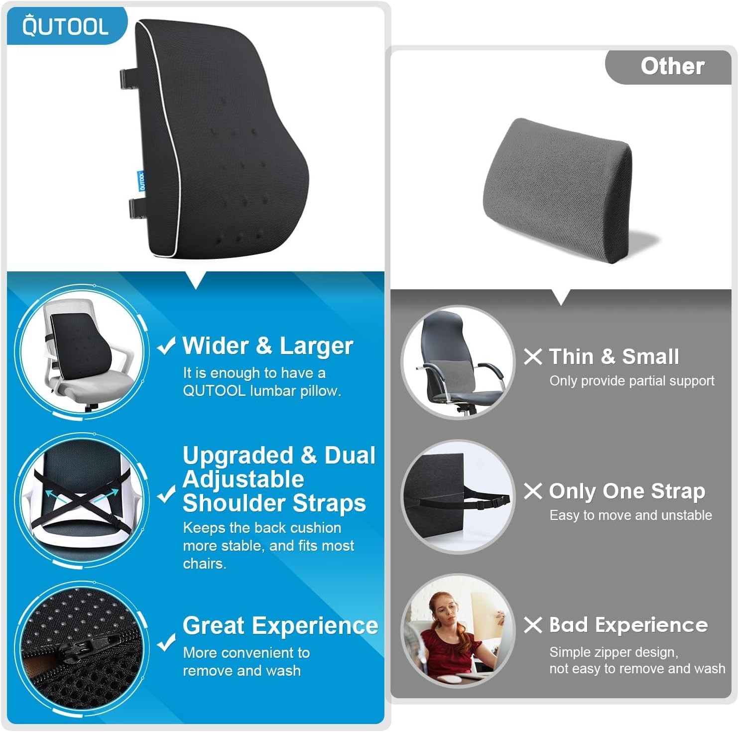 QUTOOL Memory Foam Lumbar Support Pillow Office Chair Car Back Cushion Black