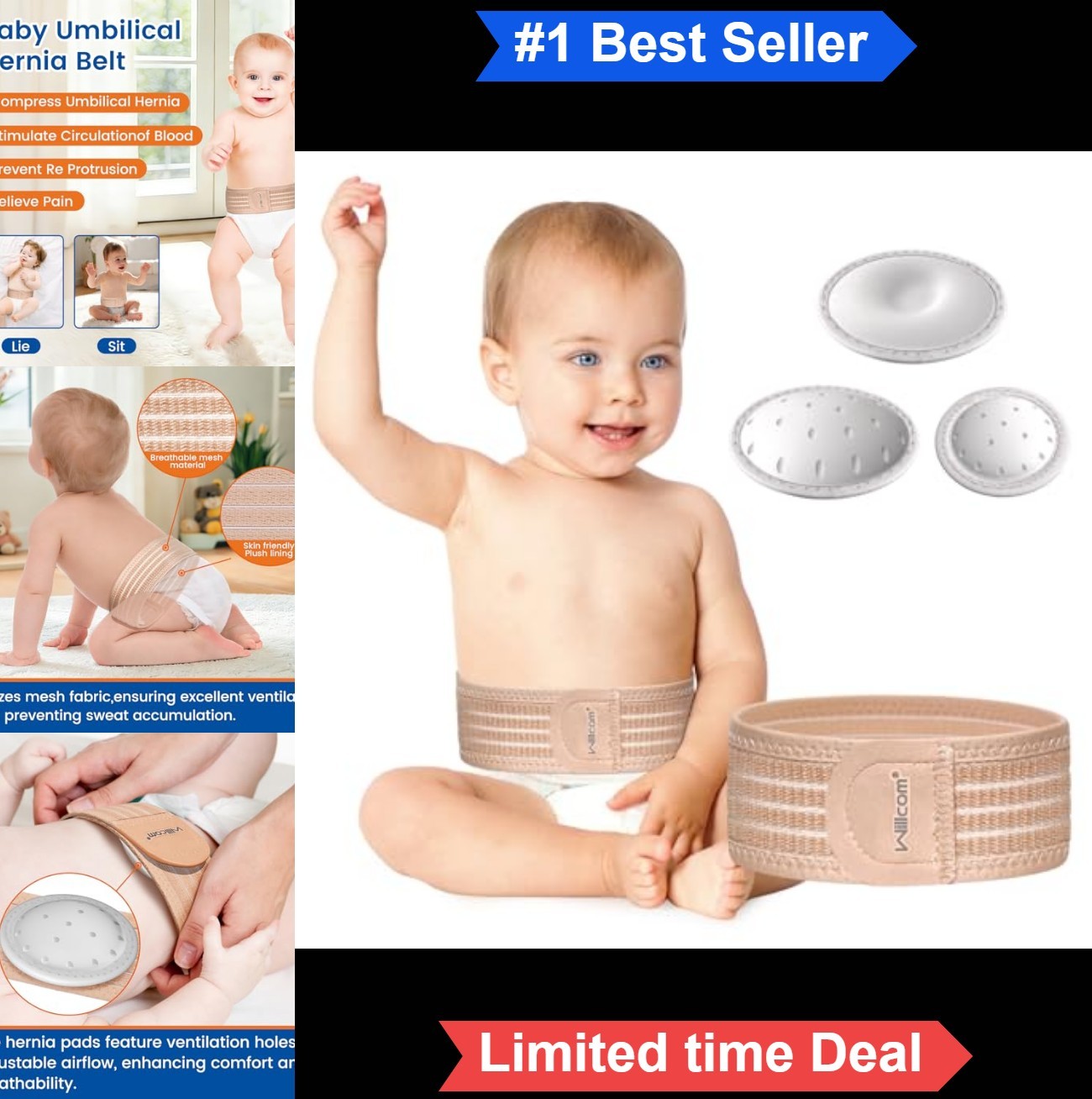 Umbilical Hernia Belt Baby Belly Button Band Infant Compression Pads Mesh Fabric