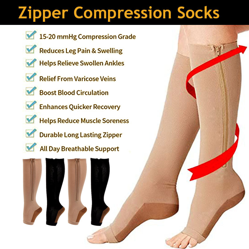 1 Pairs Copper Zipper Compression Socks Support Graduated Stockings 20-30mg