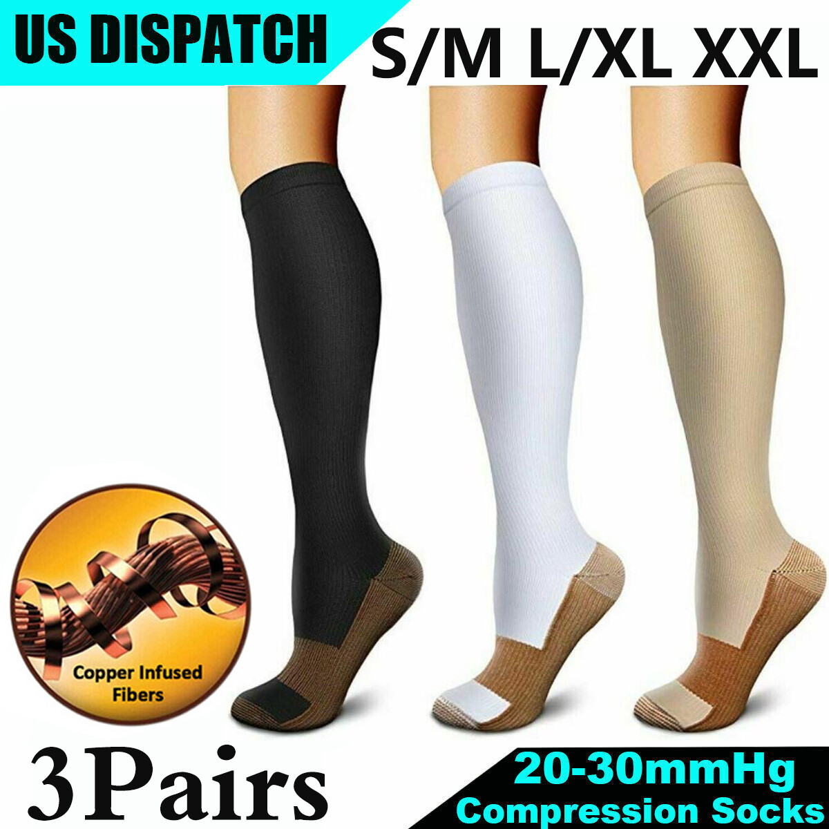 3 Pk Unisex Compression Socks Travel Support Graduated Socks knee-Hi Men’s Socks