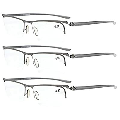 3 Pairs Half-Rim Reading Glasses Gunmetal Frame Reader Eyeglasses for Men Women