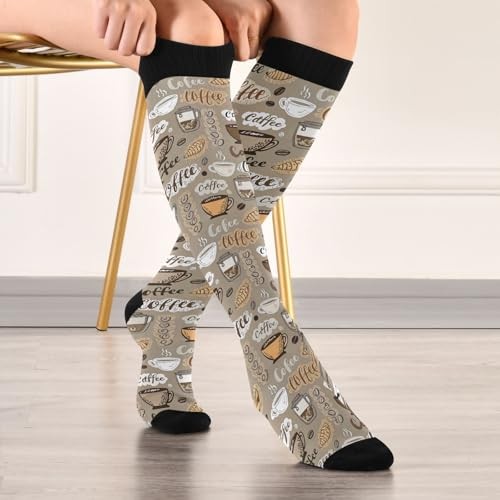Compression Socks for Women Men, Knee High Athletic Stockings, Coffee Theme