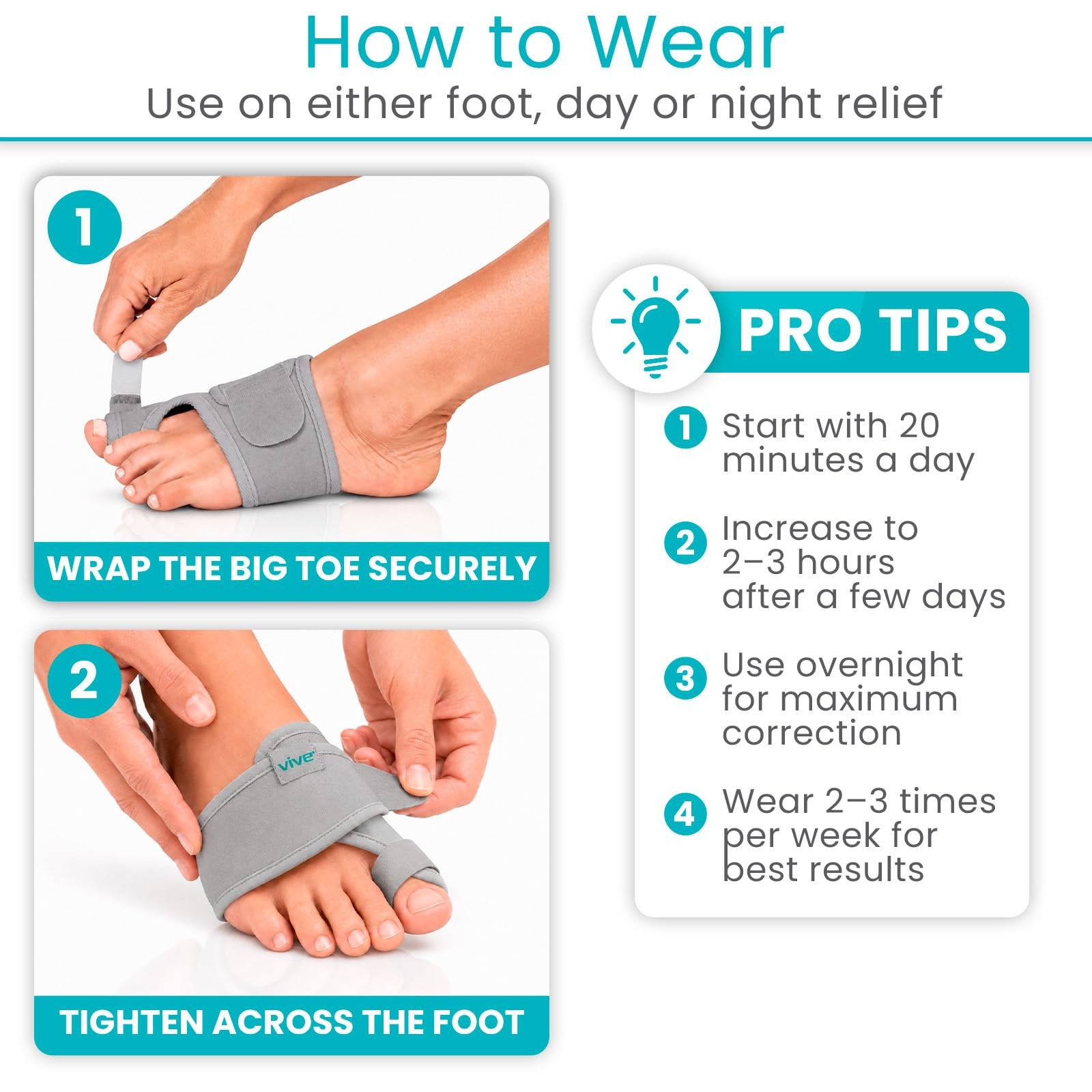 Vive Bunion Brace (Pair) – Big Toe Corrector 1 Count (Pack of 1), Gray