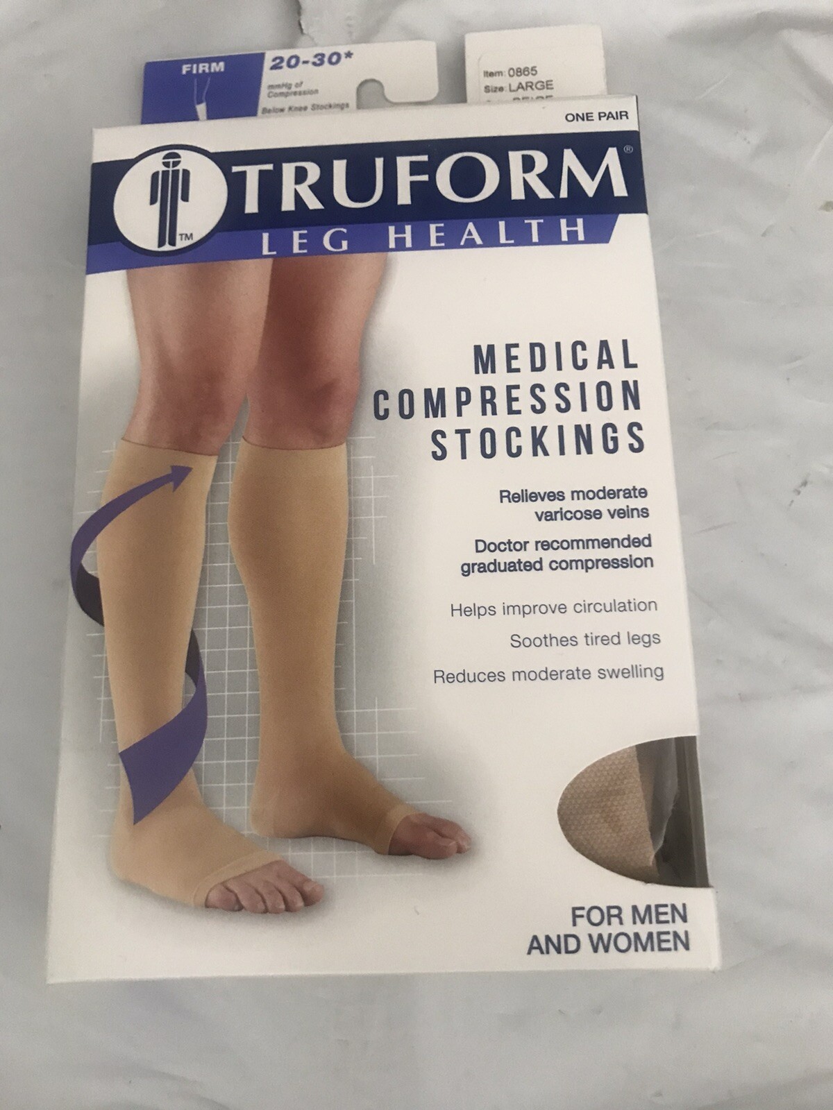 Truform 20-30 Below Knee Compression Stockings Open Toe Beige Size Large 0865L
