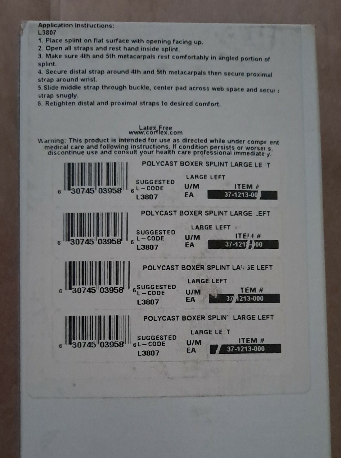 NEW Corflex Polycast Boxer Splint – LARGE LEFT – Item 37-1213-000