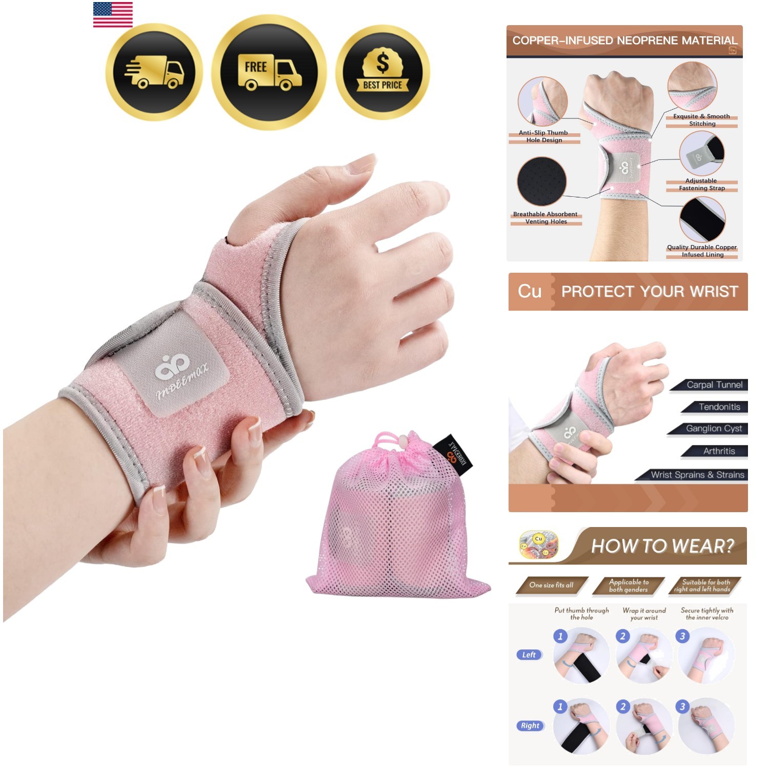 2 Pack Copper Support for Carpal Tunnel, Pain Relief, Arthritis, Tendonitis, …