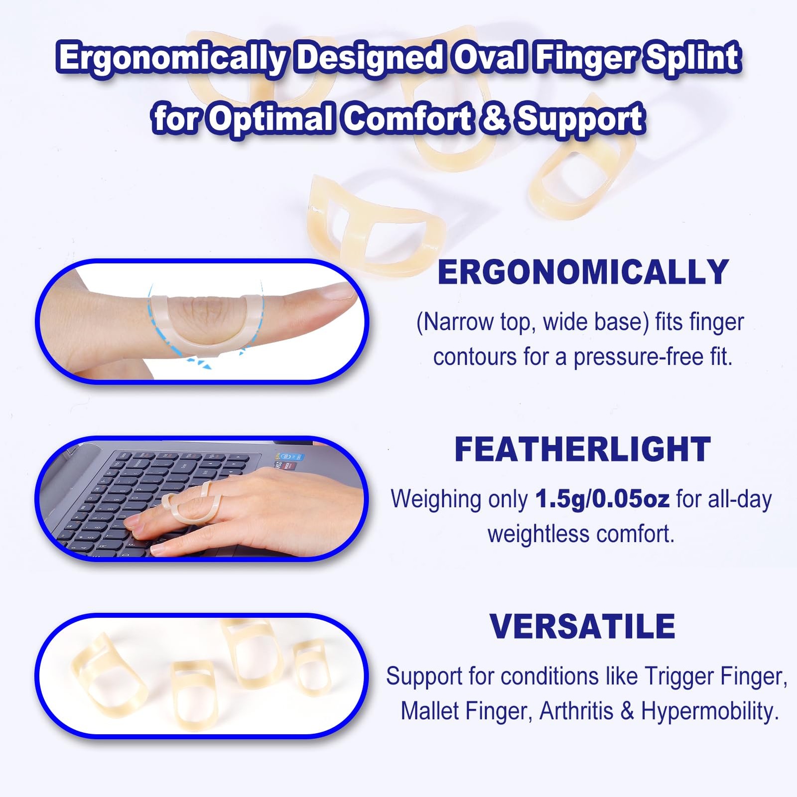 10Pcs Oval Finger Splints & Sleeves Kit, 6 Graduated Size 4,5,6,7,8,9, Nude
