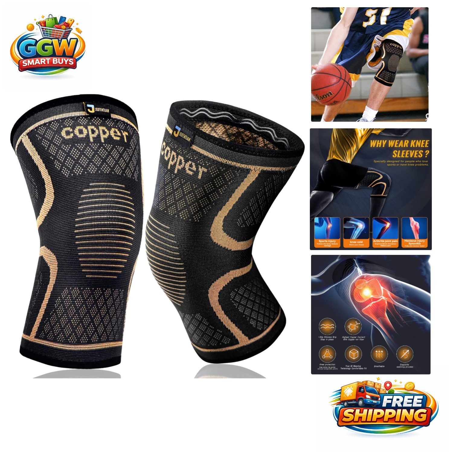 2 Pack Copper Knee Supports – Compression Sleeves for Active Lifestyles, Large