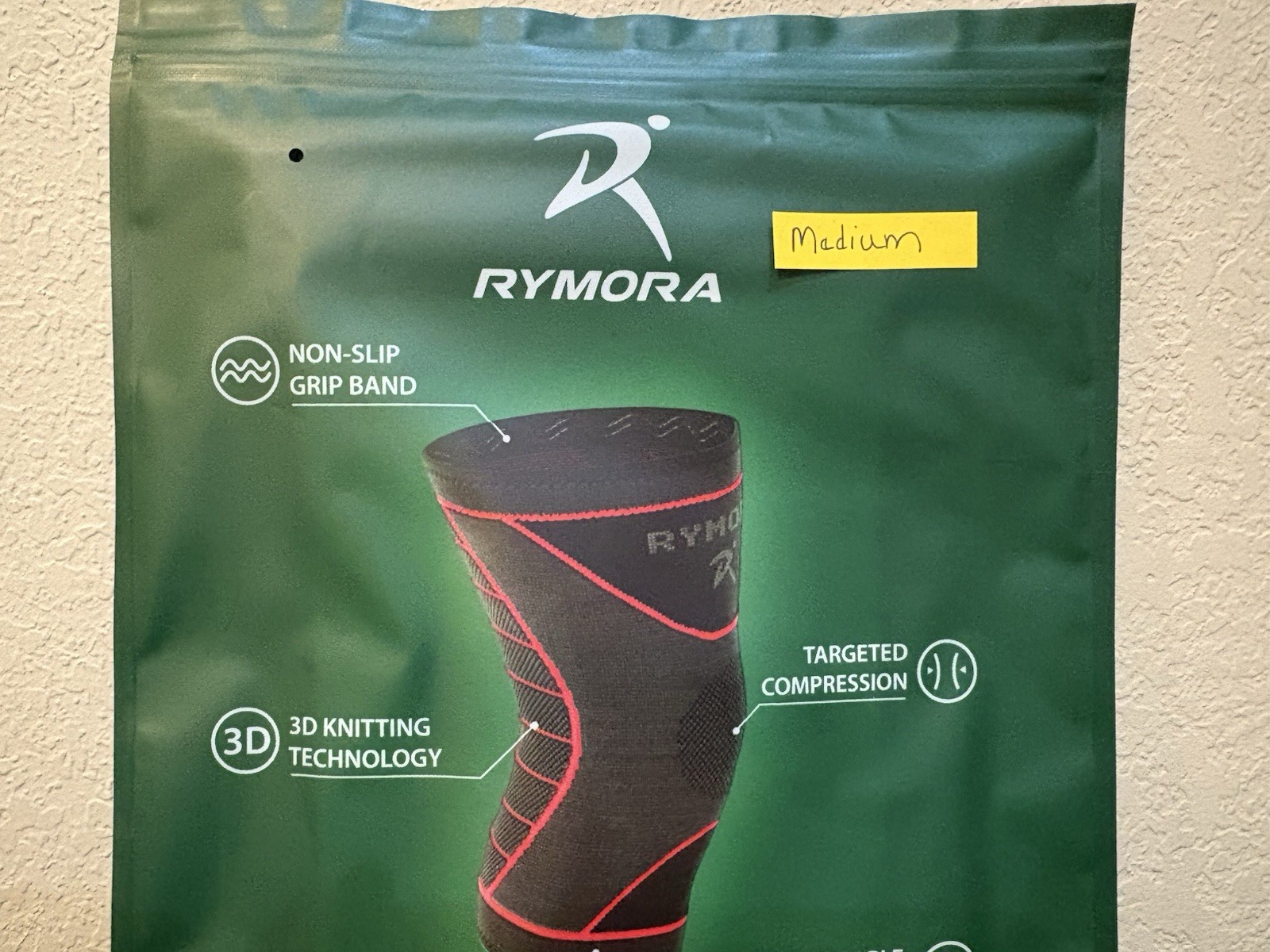 Rymora Knee Compression Support Sleeve SZ Medium New Non-Slip Grip Band 3D Knit