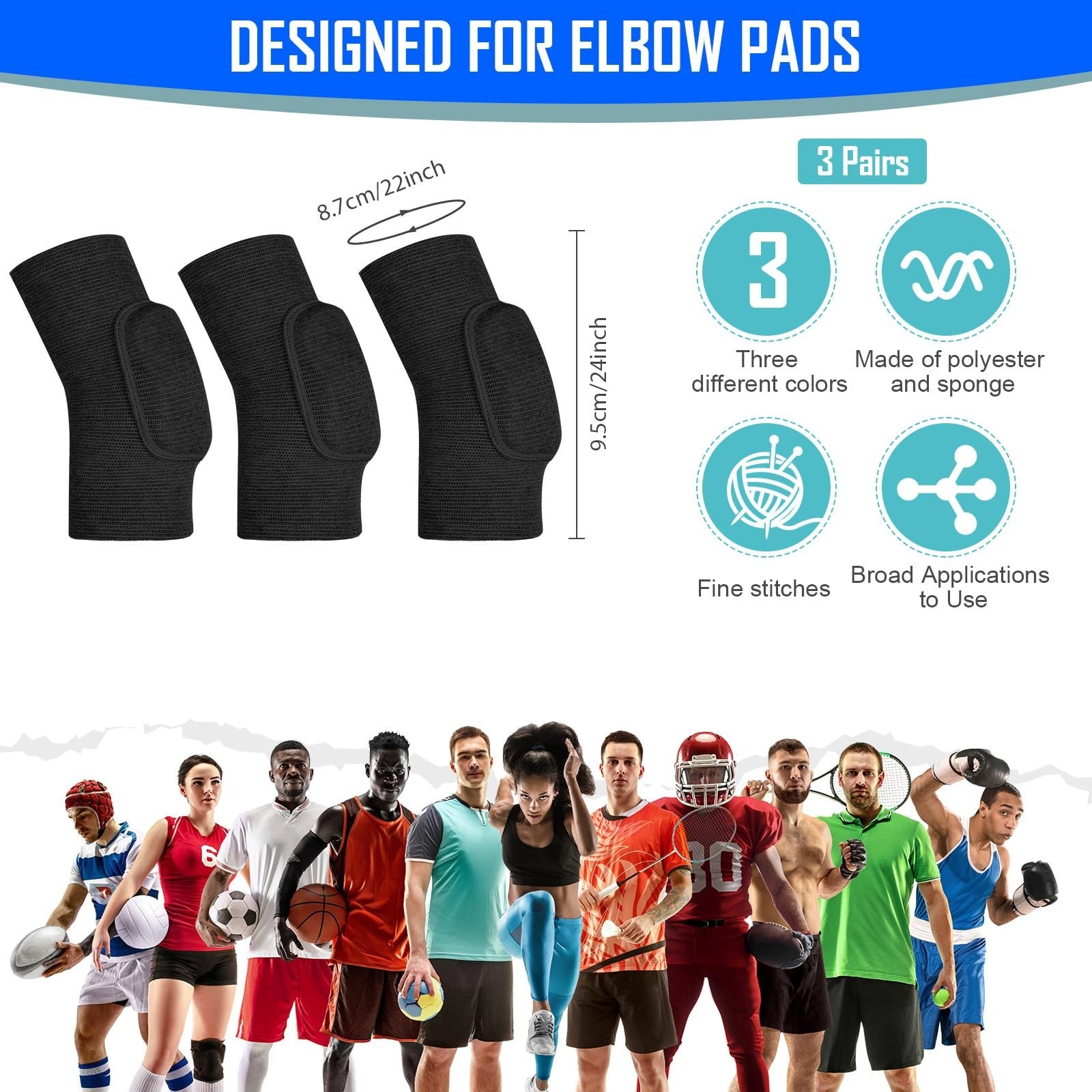 3 Pairs Elbow Pads Compression Support Brace for Volleyball, Basketball, Tennis,