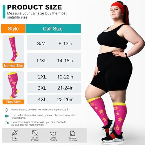 3 Packs Wide Calf Compression Socks for Large Printed-black Black Red Stars