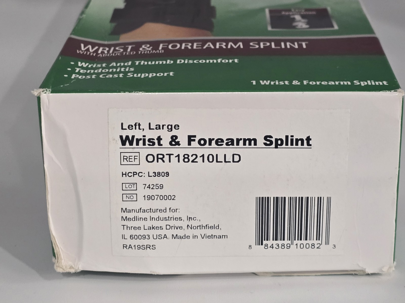 LEFT Wrist & Forearm Splint Abducted Thumb, LARGE – ORT18210LLD – Curad – NIB