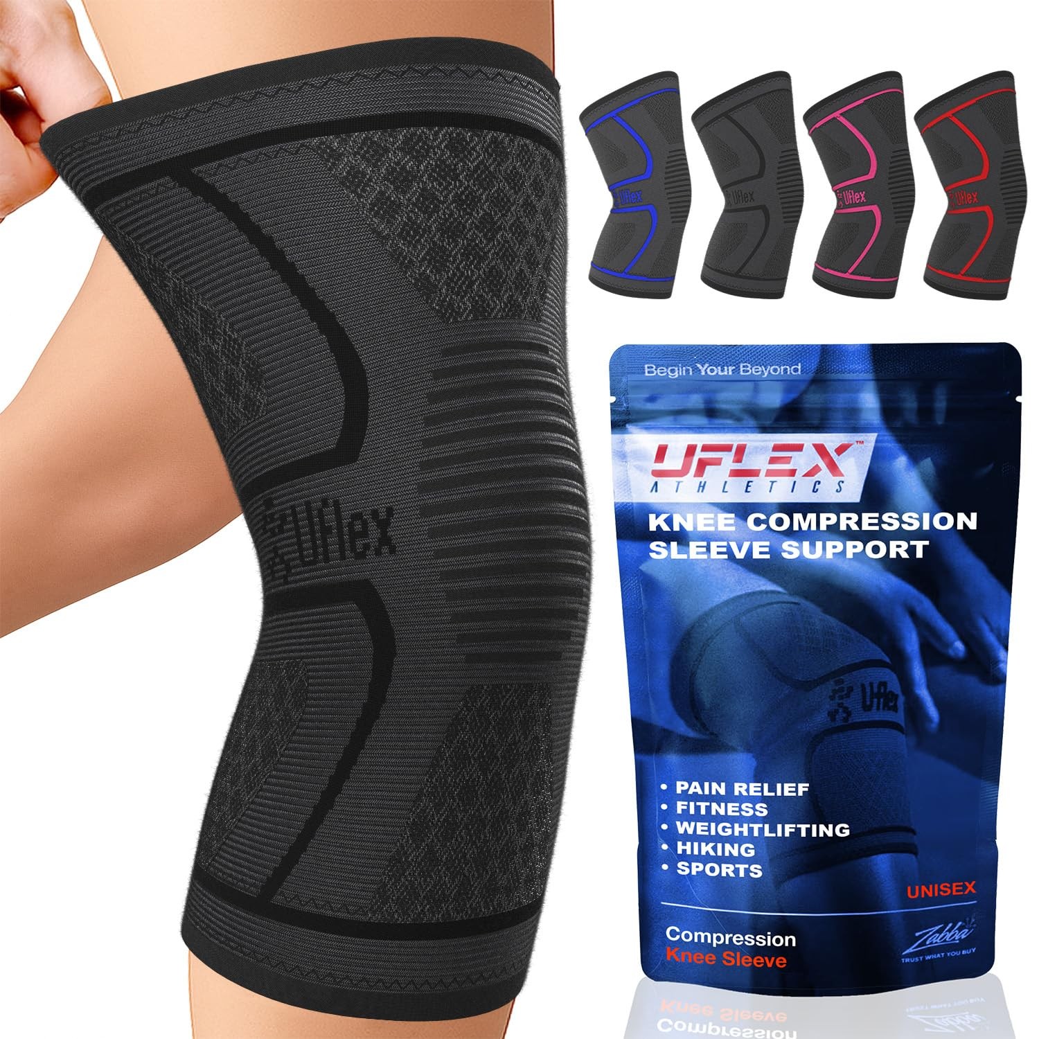 UFlex Athletics Compression Knee Brace for Women & Men Neoprene Large, Black