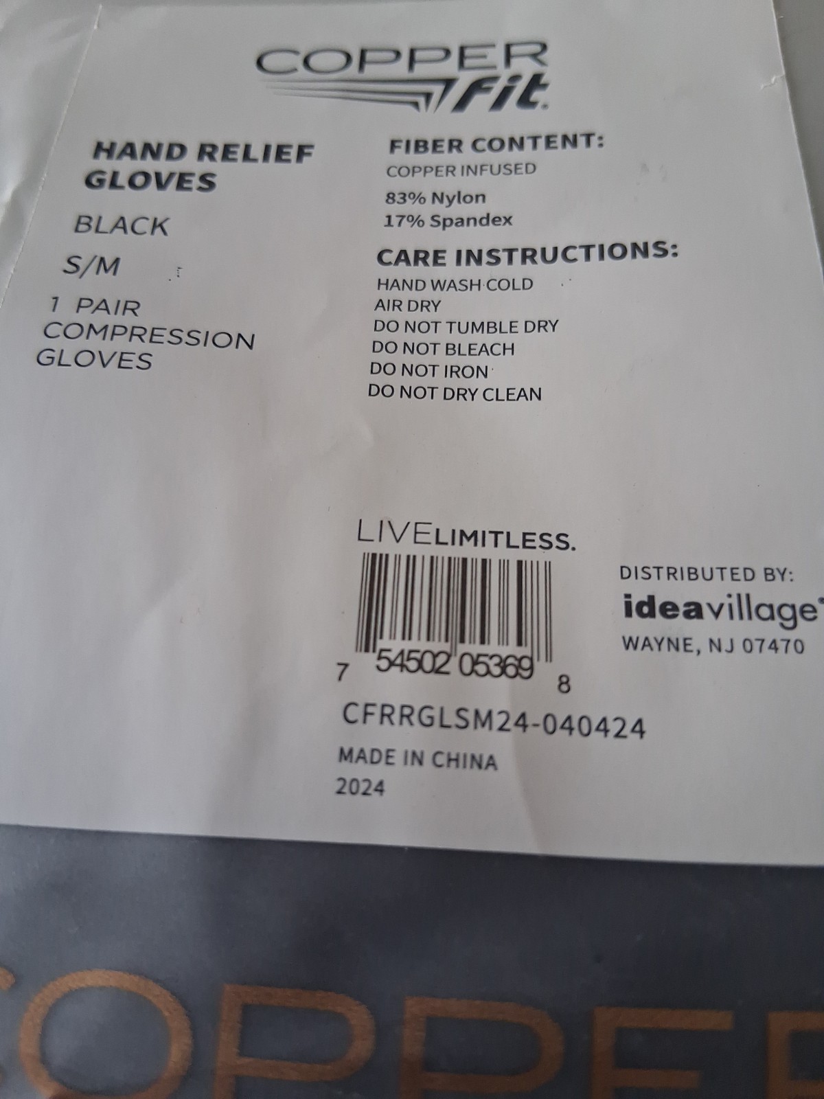 Copper Fit Standard Compression Gloves-Size S/M-Black-Copper Infused-Pain Relief