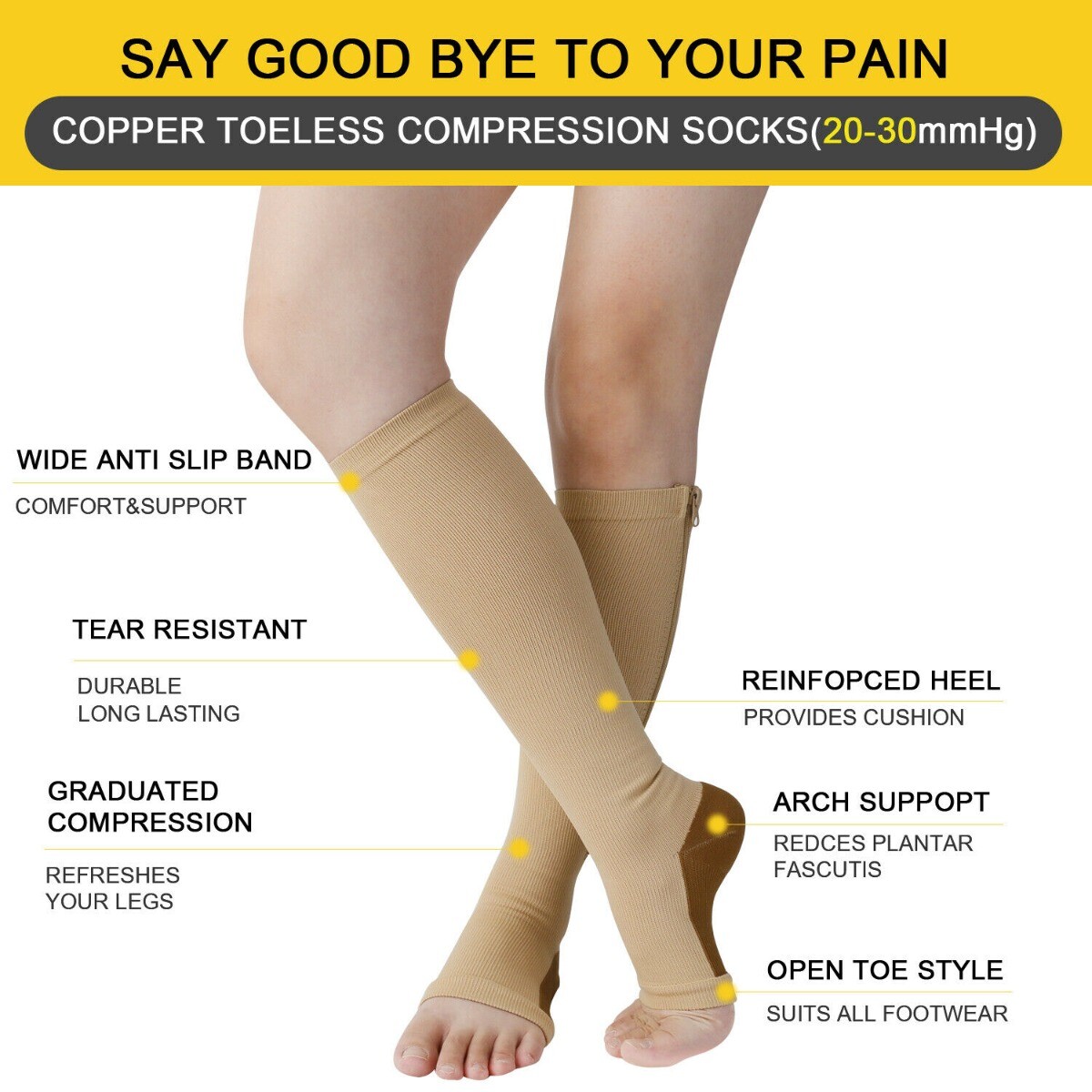 Compression Socks with Zipper Supports Leg Knee Stockings Zip Sox Open Toe US