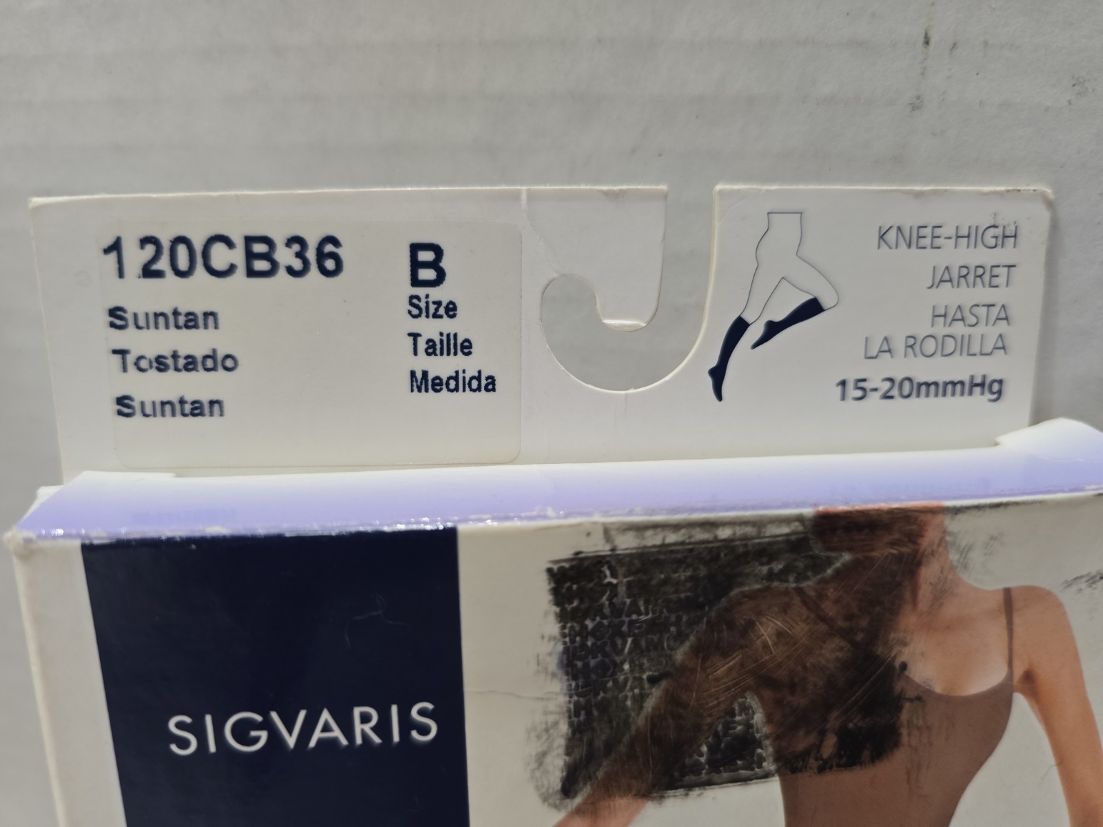Sigvaris Well Being womens Sheer Fashion 15-20mmHg KNEE HIGH sz B Black/ Sun Tan