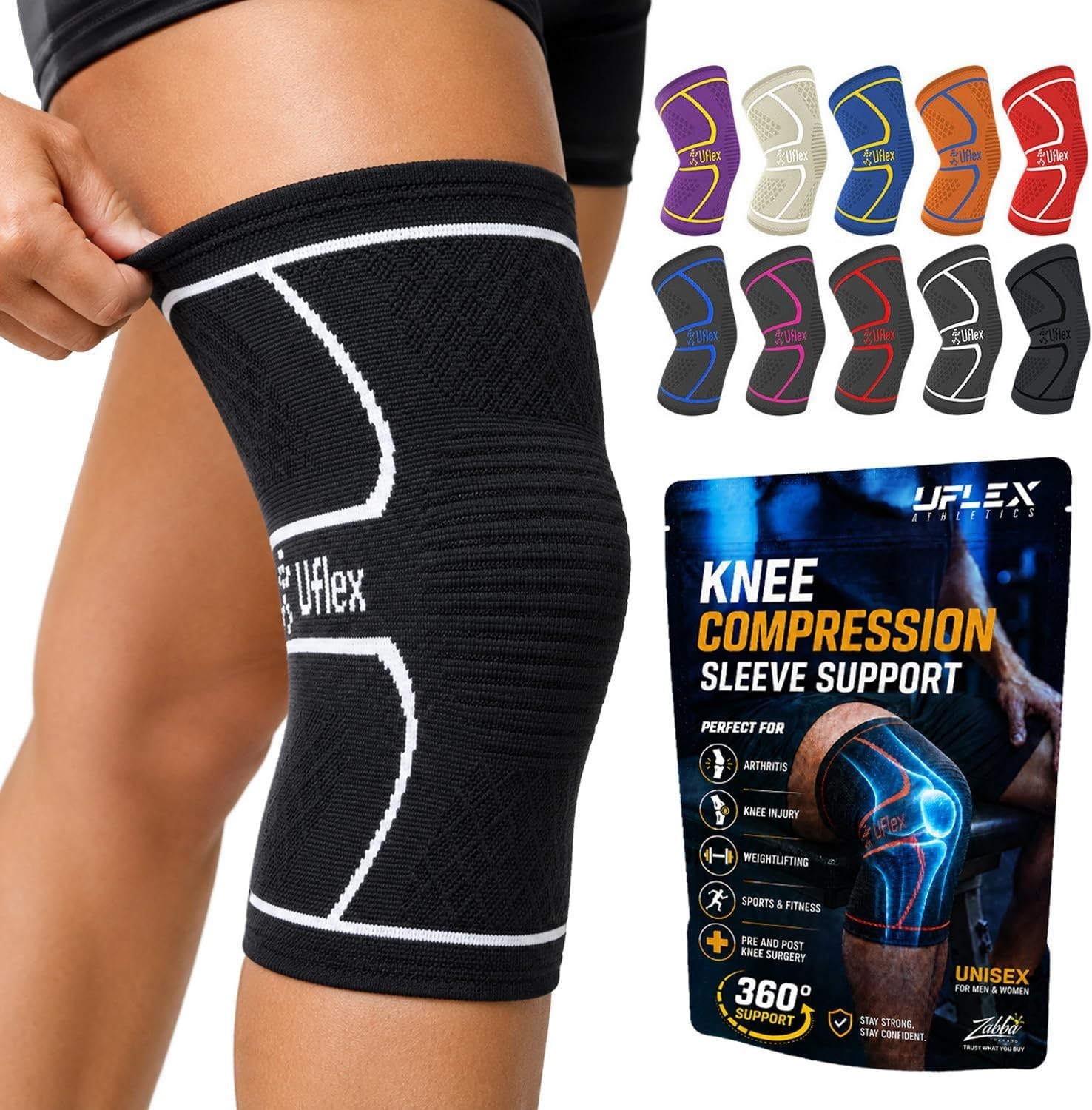 XL UFLEX Athletics Compression Knee Sleeve Brace Men Women Walking, Sports, ACL