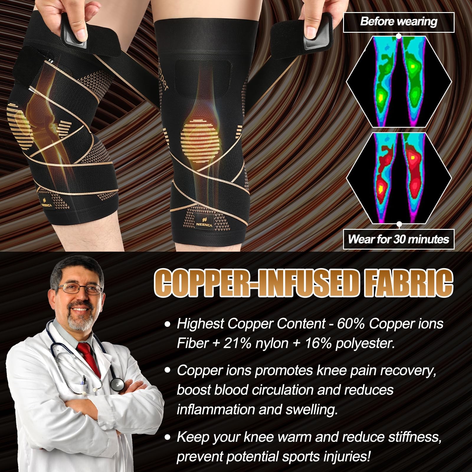 Copper Knee Brace with Straps for /Men, Knee Compression Sleeve for Knee Pain…