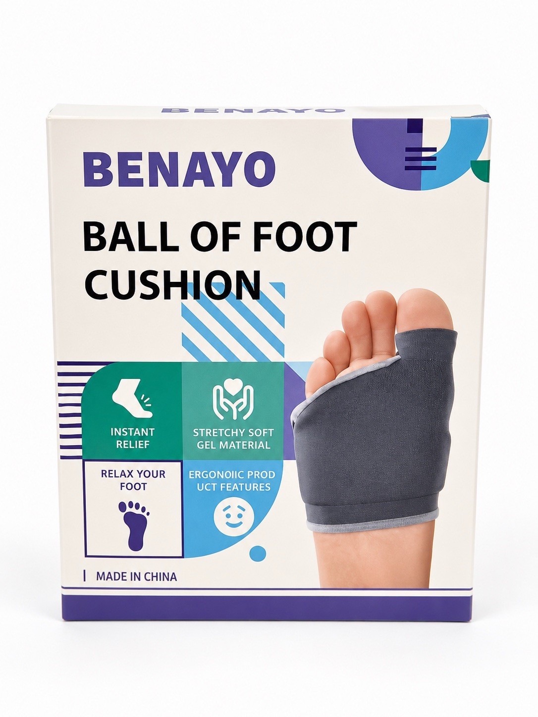 BENAYO Gel Ball of Foot Cushion Ergonomic Stretchy Sleeve, Gray One Size