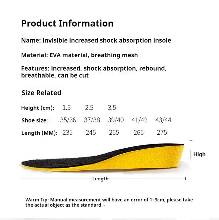 2Pcs/4Pcs New Comfortable Shock-absorbing Insole 1.5-3.5cm Height-increasing Ins
